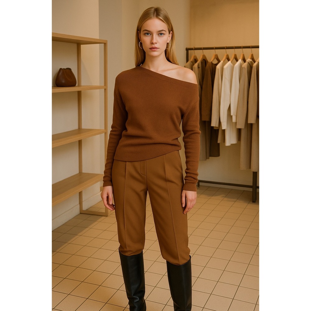 Commense Caramel Asymmetric Neckline Long Sleeve Knit Top size L